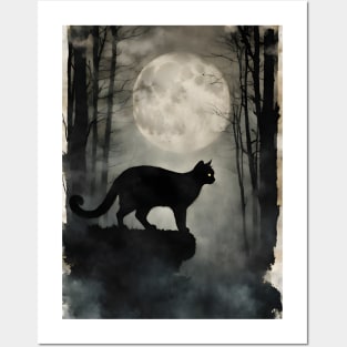 Mysterious Black Cat in the Foggy Forest Vintage Posters and Art